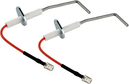 Zwei Überwachungselektroden mit metallischem Gehäuse und elektrischen Anschlüssen. Die Elektroden sind für Heizungsanlagen und Brenneranwendungen von Bosch vorgesehen.